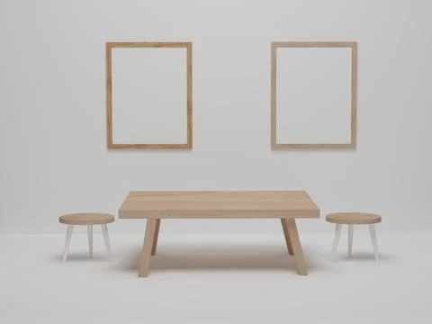 Mock up photo frame in dining room with wood chairs and table. Abstract minim Stock Illustration