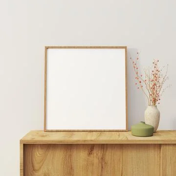 Mock up picture frame with white wall. Scandinavian interior with sideboard Stock Photos