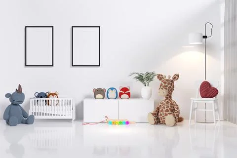 Mock up picture frames in a white nursery room, 3d rendered illustration. Stock Illustration