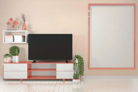 Mock up Pink room interior concept poster frames and modern cabinet in modern Stock Illustration