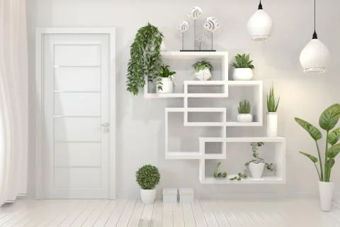 Mock up plants on shelf design wall minimal design.3D rendering Stock Illustration