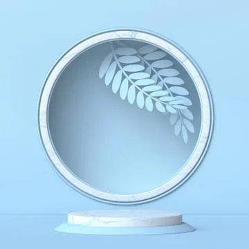 Mock up podium for product presentation circle frame with plant leaf 3D Stock Illustration