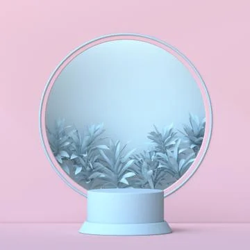 Mock up podium for product presentation circle frame with plant leaf 3D イラスト素材