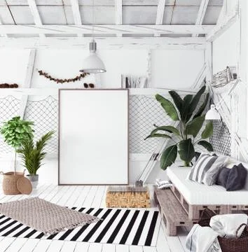 Mock up poster in Attic interior design, scandinavian boho style. 3d render Stock Illustration