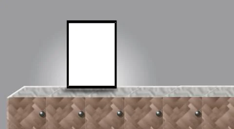 Mock up poster door frame or framed above wooden table on the wall. Ilustração Stock