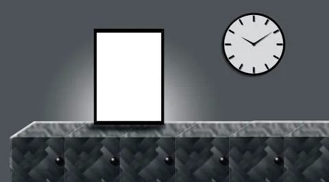 Mock up poster door frame or framed above wooden table on the wall. Ilustração Stock