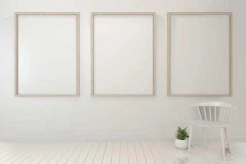 Mock up poster frame and cabinet and decoration plants on white room minimal  Stock Illustration
