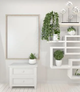 Mock up poster frame and cabinet and decoration plants on white room minimal  Stock Illustration