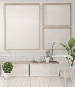Mock up poster frame and cabinet and decoration plants on white room minimal  Stock Illustration