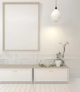 Mock up poster frame and cabinet and decoration plants on white room minimal  Stock Illustration