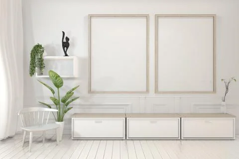 Mock up poster frame and cabinet and decoration plants on white room minimal  Stock Illustration
