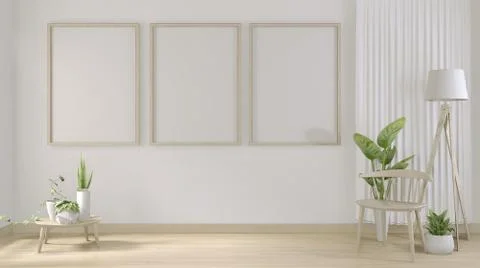 Mock up poster frame and white white living room minimal design.3D rendering Stock Illustration