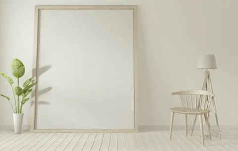 Mock up poster frame and white chair on white living room.3D rendering Stock Illustration