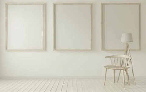 Mock up poster frame and white chair on white living room.3D rendering Stock Illustration