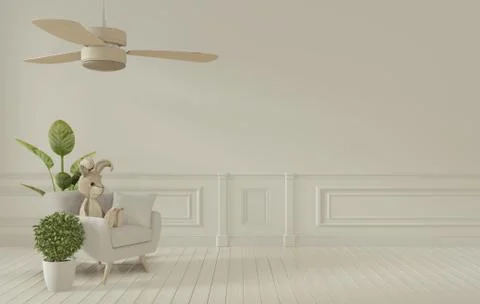 Mock up poster frame and white sofa on white living room interior.3D renderin Stock Illustration