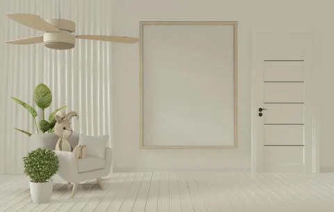 Mock up poster frame and white sofa on white living room interior.3D renderin Stock Illustration