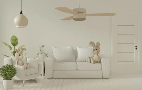 Mock up poster frame and white sofa on white living room interior.3D renderin Stock Illustration