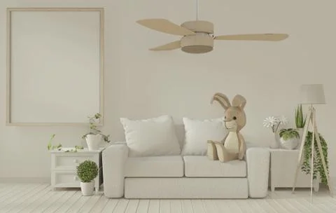 Mock up poster frame and white sofa on white living room interior.3D renderin Stock Illustration