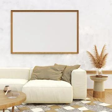 Mock up poster frame with big sofa in modern interior background 3D 库存插图
