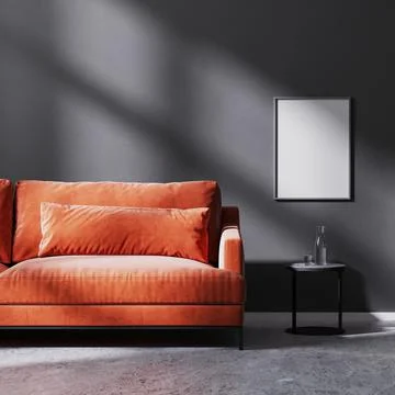 Mock up poster frame on black wall with sun rays with red sofa with black cof Stock Illustration