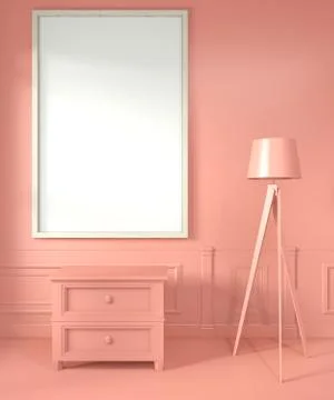 Mock up poster frame with cabinet and lamp on Room living coral style.3D rend Stock Illustration