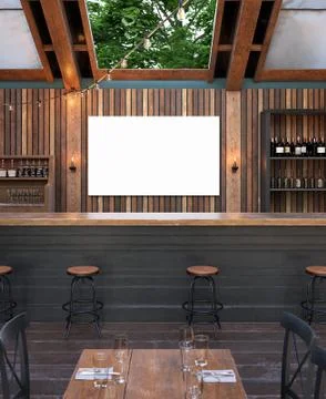 Mock up poster frame in cafe interior background, Modern outdoor bar restaurant, Stock Illustration