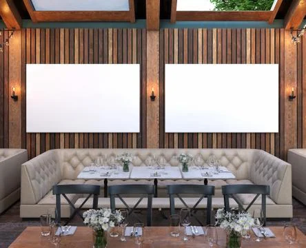 Mock up poster frame in cafe interior background, Modern outdoor bar restaurant, Stock Illustration
