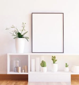 Mock up poster frame close-up on shelf with flowers,3d render Stock Illustration