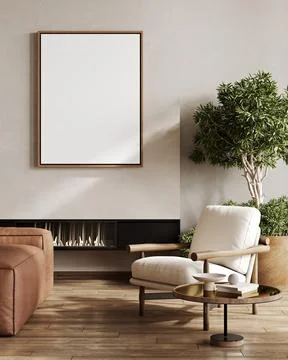 Mock up poster frame in contemporary interior background with beige wall, a.. Stock Illustration