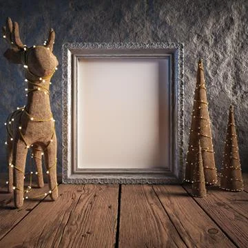 Mock up poster frame in cozy interior background, Christmas decoration, 3D rende Stock Illustration