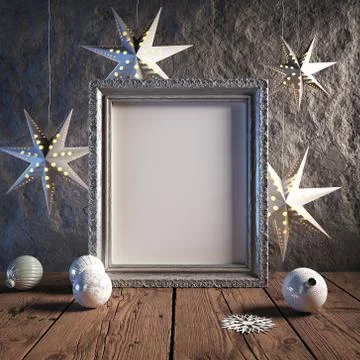 Mock up poster frame in cozy interior background, Christmas decoration, 3D rende Stock Illustration
