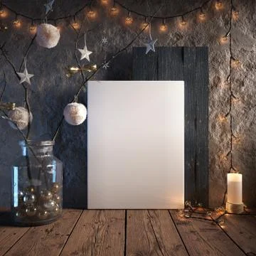 Mock up poster frame in cozy interior background, Christmas decoration, 3D rende Stock Illustration