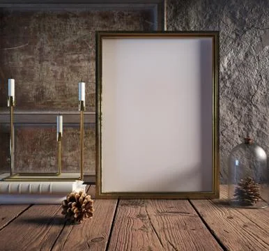 Mock up poster frame in cozy interior background, Christmas decoration, 3D rende Stock Illustration