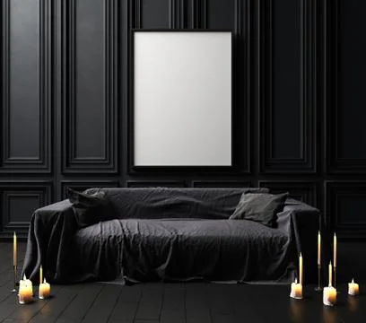 Mock-up poster frame in dark classic interior background, modern style,3d render Stock Illustration