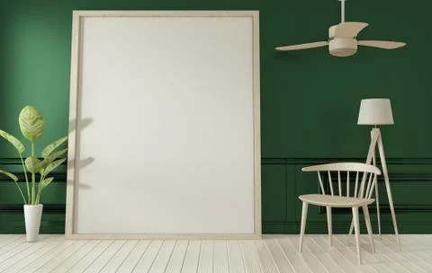 Mock up poster frame on dark green living room interior.3D rendering Stock Illustration