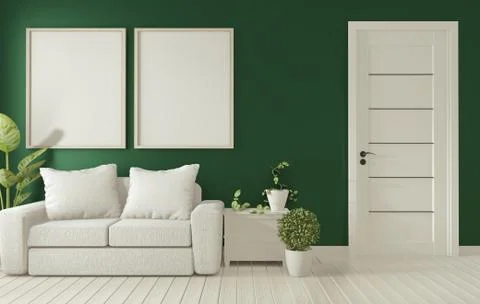 Mock up poster frame on dark green living room interior.3D rendering Stock Illustration