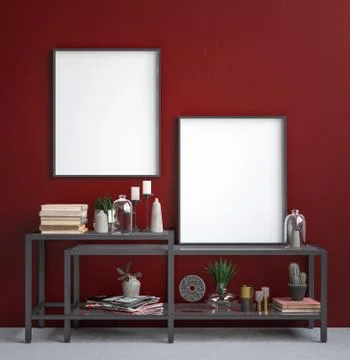 Mock up poster frame in decorated dark red interior background, 3D render Stock Illustration