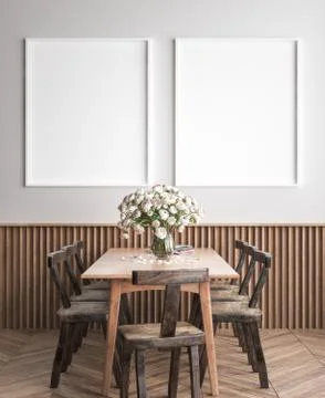 Mock up poster frame in dining room interior background, Scandinavian style, 3D Stock Illustration