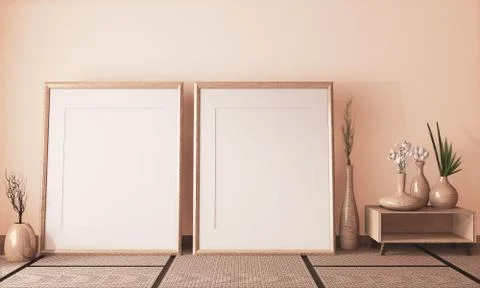 Mock up poster frame on Empty room japanese design and tatami mat floor, eart Stock Illustration