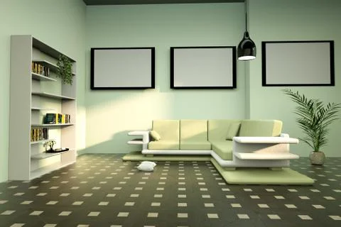 Mock up poster frame in green living room, 3D Render Stock Illustration