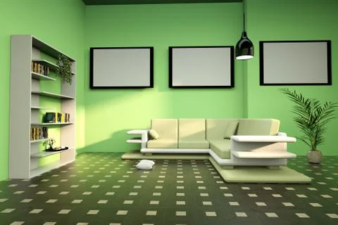 Mock up poster frame in green living room, 3D Render Stock Illustration