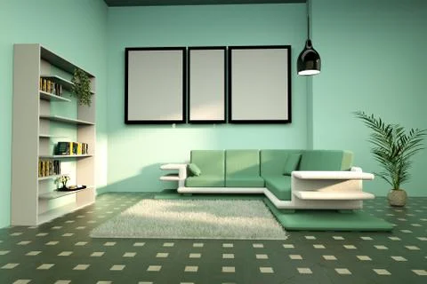 Mock up poster frame in green living room, 3D Render Stock Illustration