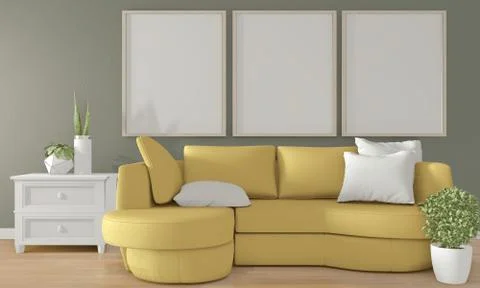 Mock up poster frame on green wall with yellow sofa on modern room interior.3 Stock Illustration