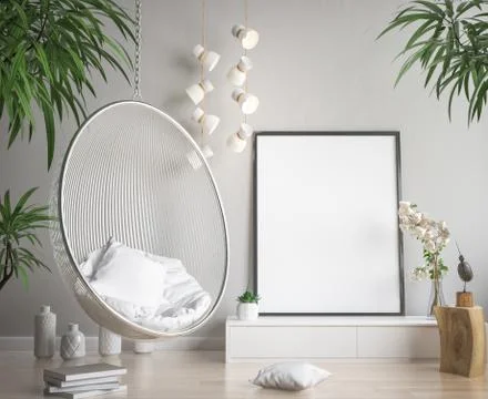 Mock up poster frame in hipster interior background, scandinavian style, 3D rend Stock Illustration