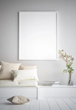 Mock up poster frame in hipster interior background, scandinavian style, 3D rend Stock Illustration