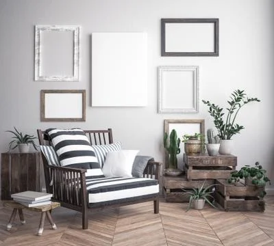 Mock up poster frame in hipster interior background, scandinavian style, 3D rend Stock Illustration