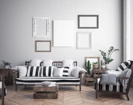 Mock up poster frame in hipster interior background, scandinavian style, 3D rend Stock Illustration