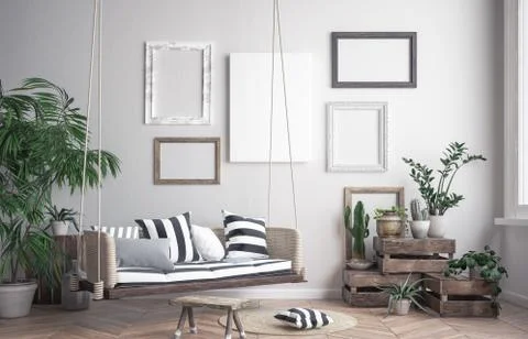 Mock up poster frame in hipster interior background, scandinavian style, 3D rend Stock Illustration