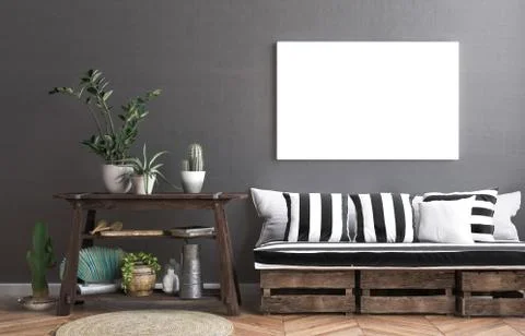 Mock up poster frame in hipster interior background, living on boxes concept, 3D Stock Illustration