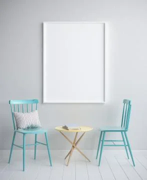 Mock up poster frame in hipster interior background, scandinavian style, 3D rend Stock Illustration